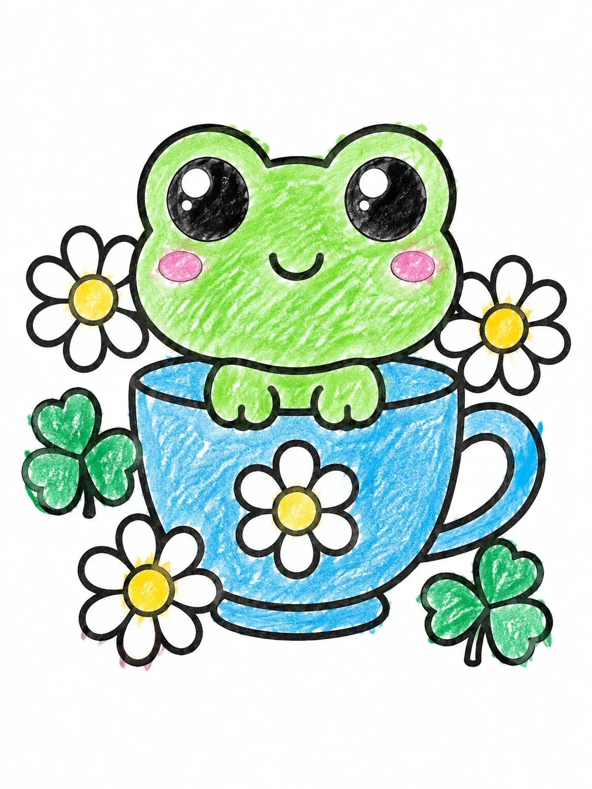 Colored example of the Cute Frog In A Teacup coloring page
