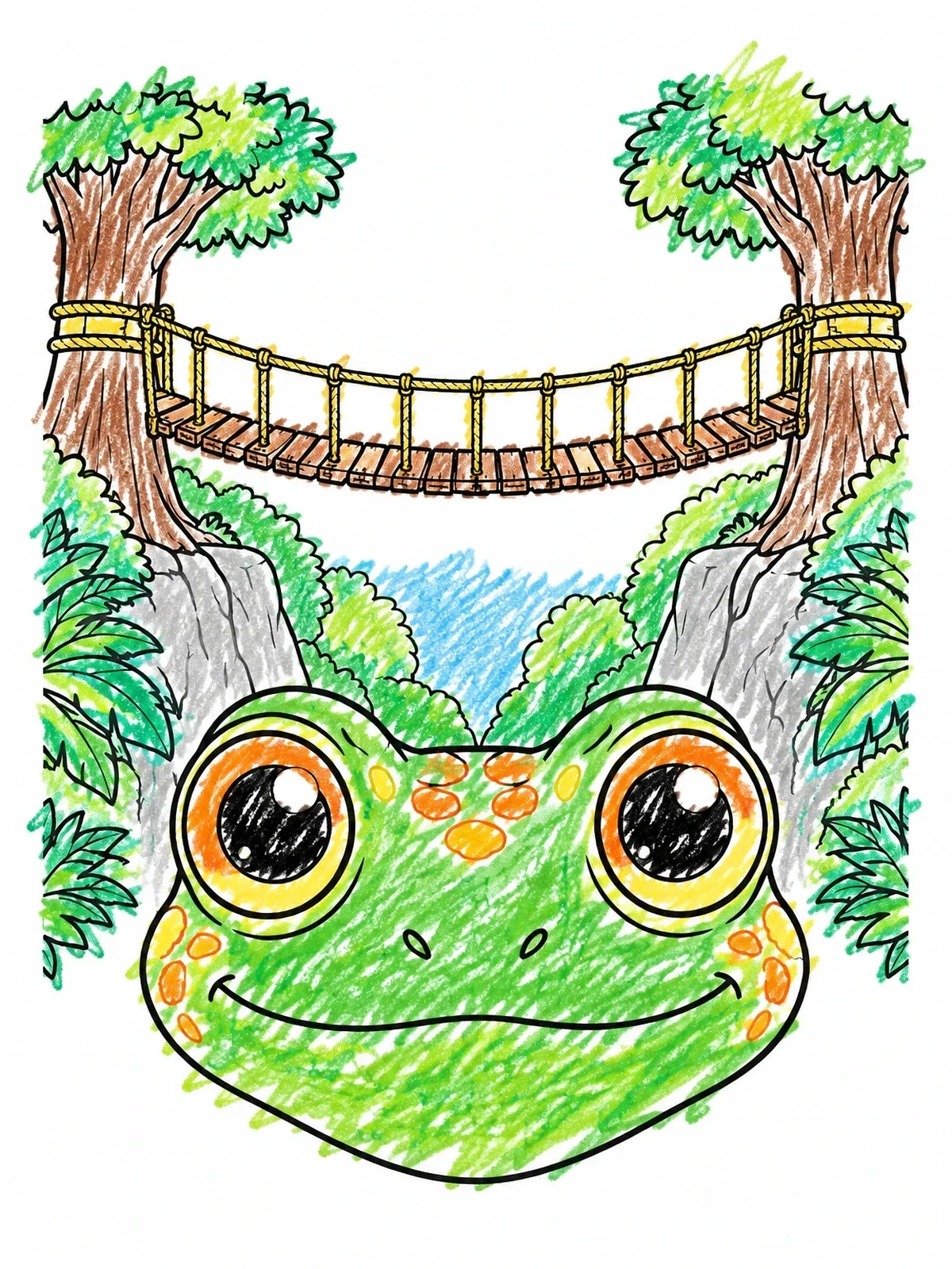 Colored example of the Cute Frog And Jungle Suspension Bridge coloring page