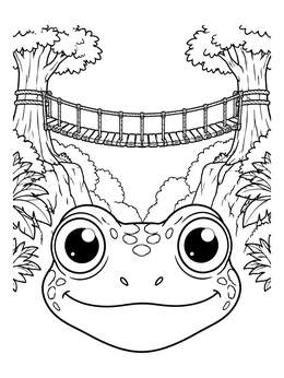 A smiling tree frog looks up at a rope bridge on this jungle coloring page.
