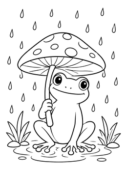 A cheerful frog in the rain holding a mushroom coloring page umbrella.