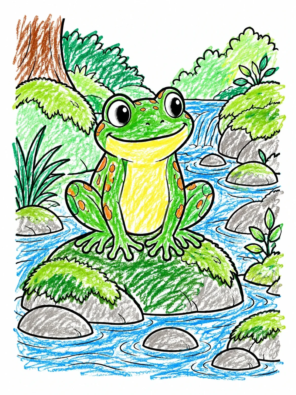 Colored example of the Cute Frog Sitting On Creek Rock coloring page