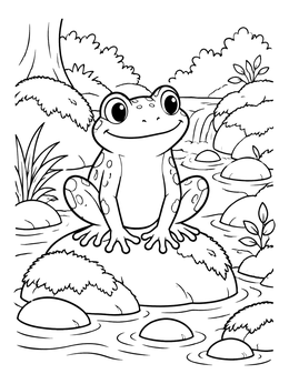A cheerful frog coloring page featuring a creek with rocks and a small waterfall.