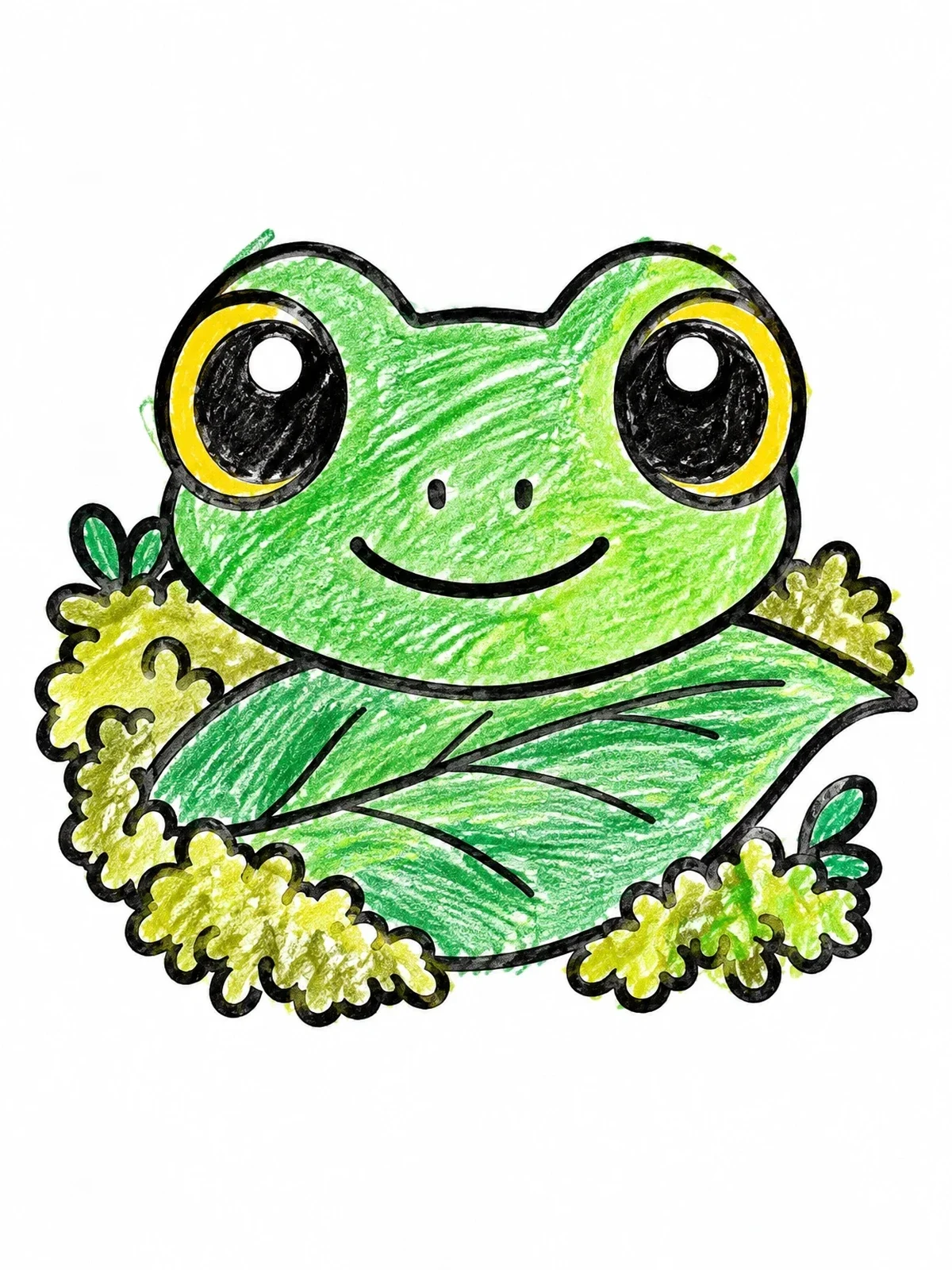 Colored example of the Cute Frog Peeking Over Leaf coloring page