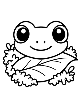 A cheerful cartoon frog peeks over a leaf in this frog coloring page.