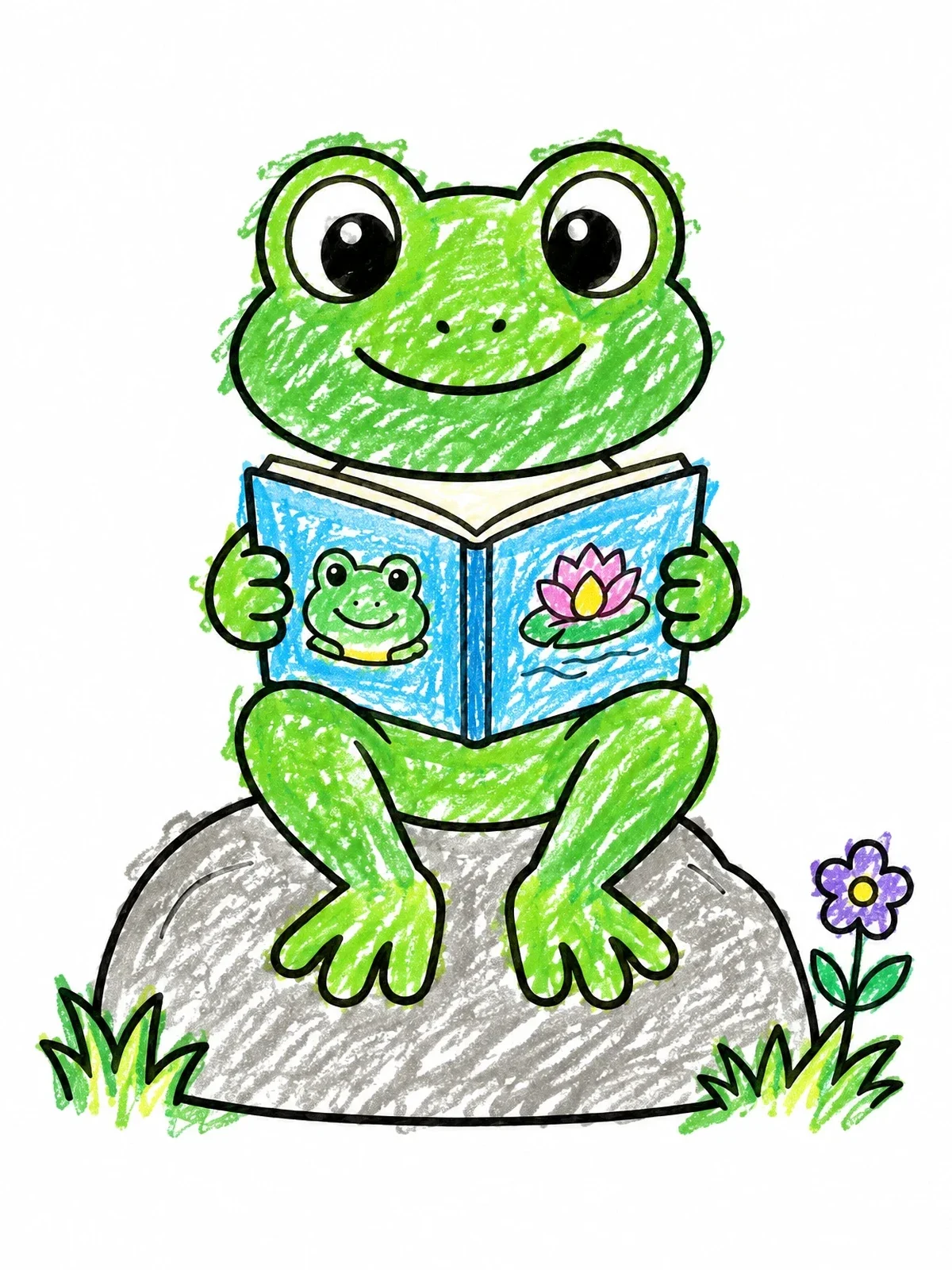 Colored example of the Cute Frog Reading A Book coloring page