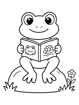 A happy cartoon frog reading a picture book in this frog coloring page.