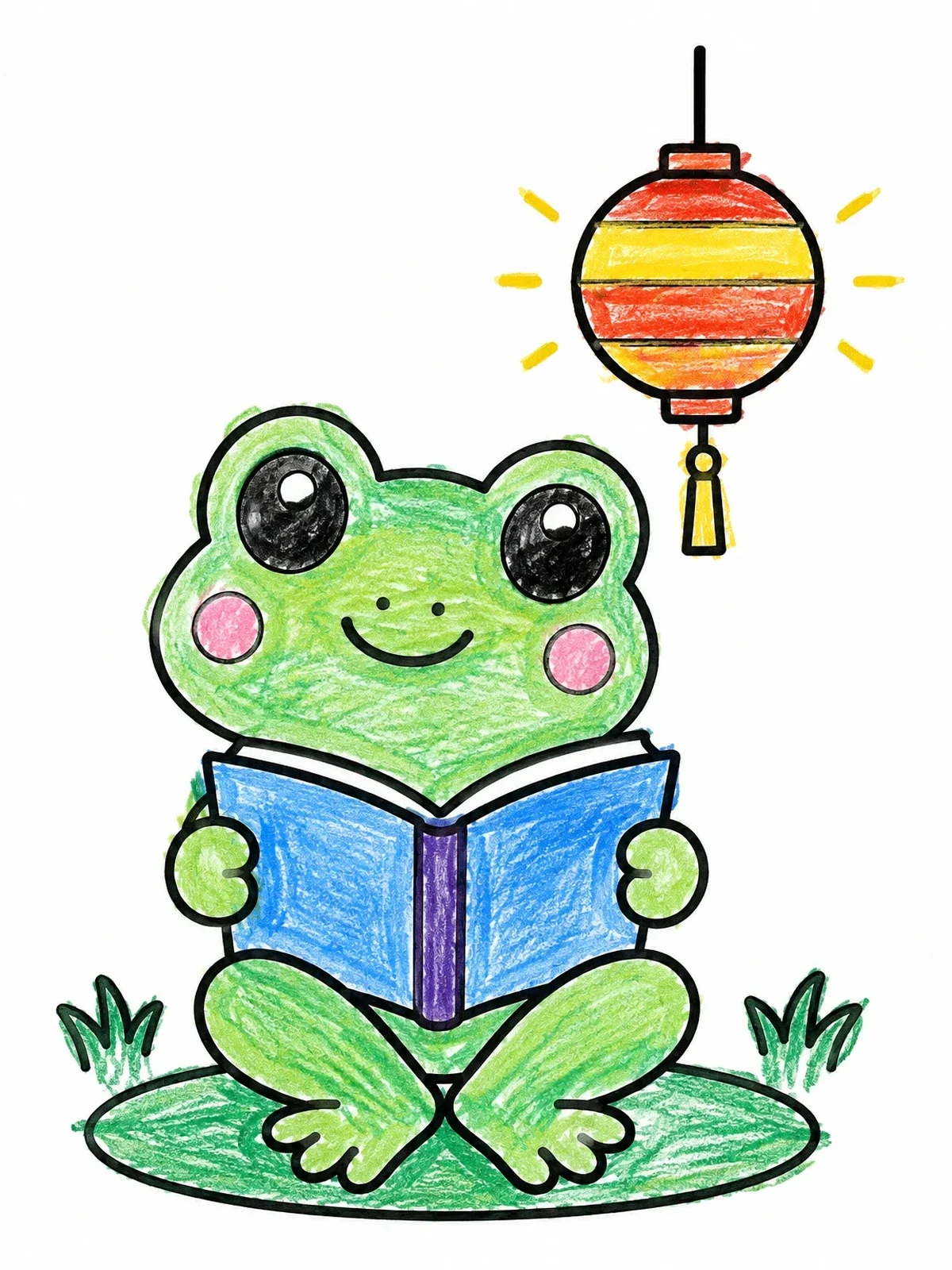 Colored example of the Cute Frog Reading Under Lantern coloring page