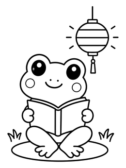 A cute frog coloring page with a book under a glowing paper lantern.