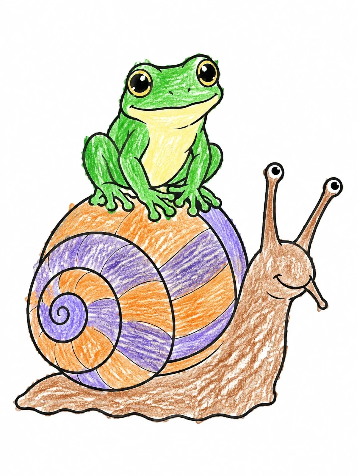 Colored example of the Cute Frog Riding A Snail coloring page