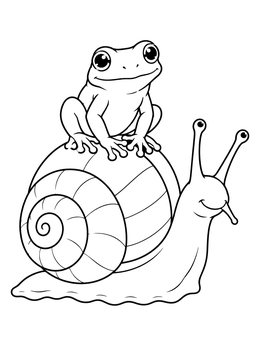 A frog coloring page showing a tiny frog resting happily on a snail shell.