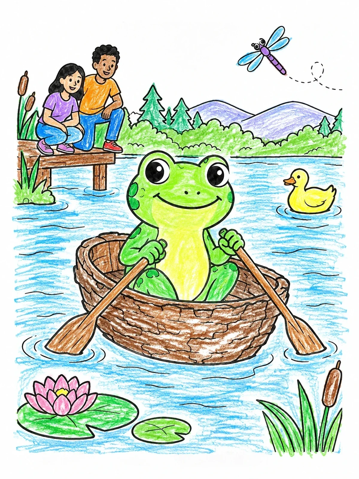 Colored example of the Cute Frog Rowing On A Pond coloring page