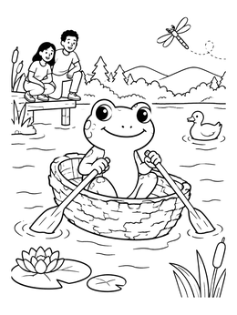 Free printable Cute Frog Rowing On A Pond coloring page