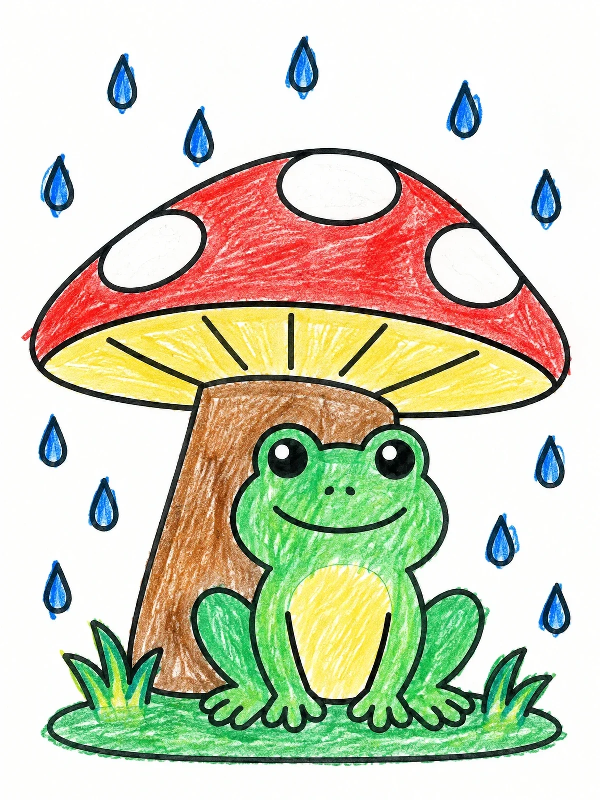 Colored example of the Cute Frog Sheltering Under Mushroom coloring page