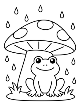Free printable Cute Frog Sheltering Under Mushroom coloring page