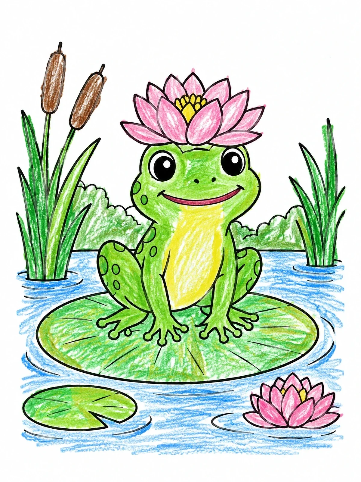 Colored example of the Cute Frog Wearing A Water Lily coloring page
