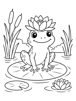 A lily pad coloring page featuring a happy frog wearing a blooming water lily flower.