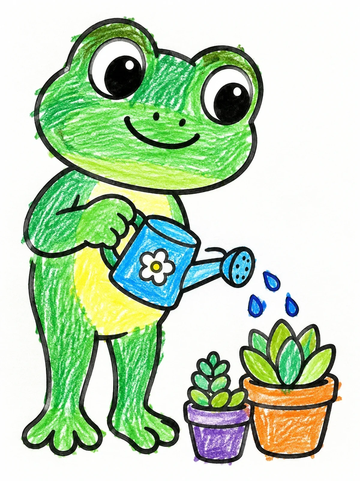 Colored example of the Cute Frog Watering Little Succulents coloring page