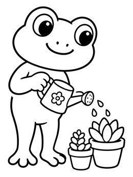 A cheerful frog coloring page showing a cartoon frog watering tiny potted succulents.