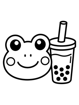 A happy frog coloring page next to a cup of iced boba tea with a straw.