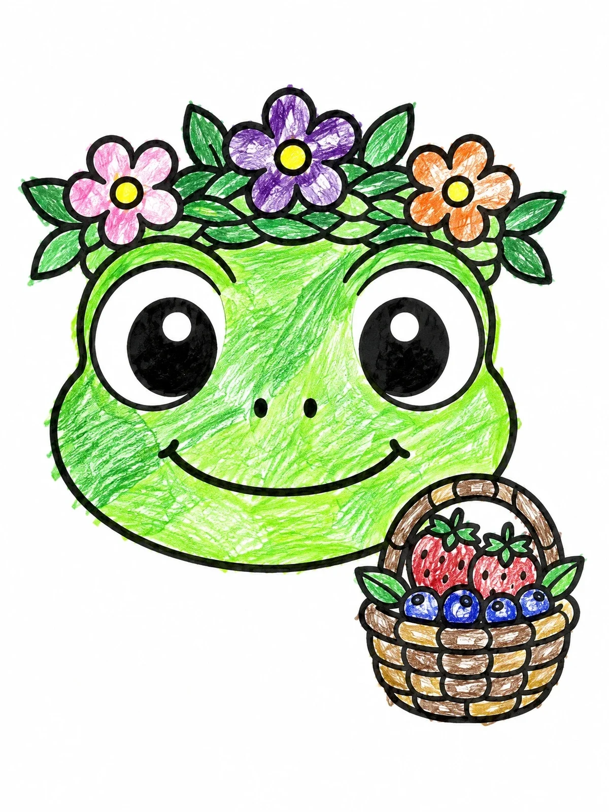 Colored example of the Cute Frog With Flower Crown coloring page