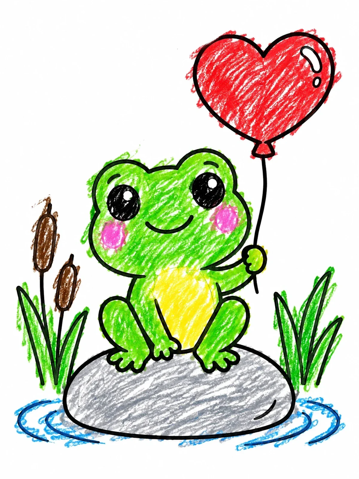 Colored example of the Cute Frog With Heart Balloon coloring page