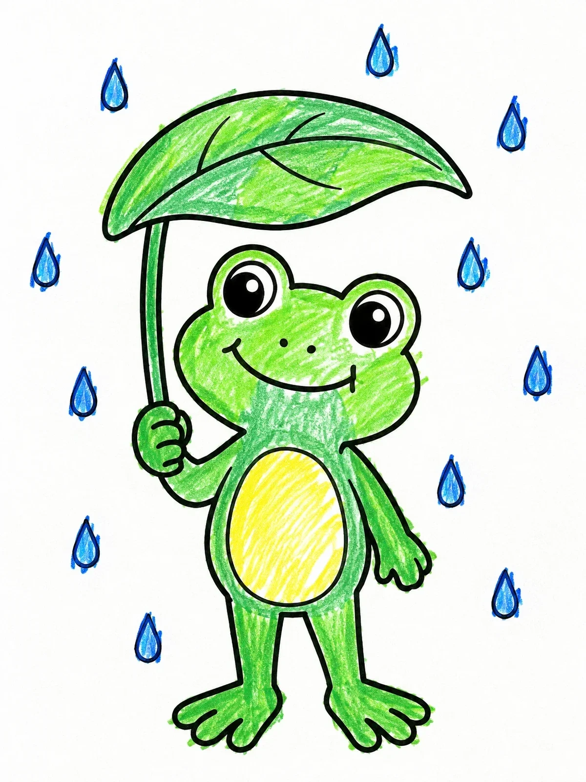 Colored example of the Cute Frog With Leaf Umbrella coloring page