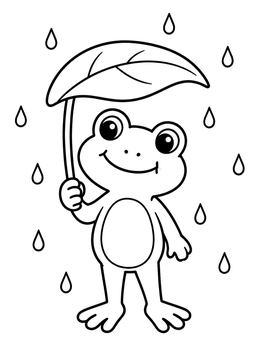A sweet frog coloring page featuring a cartoon frog holding a leaf umbrella in the rain.