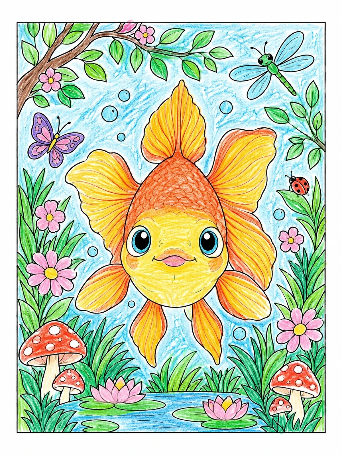Colored example of the Cute Front Facing Goldfish In Pond coloring page