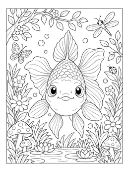 A smiling fish swims forward in this cute goldfish coloring page surrounded by water lilies and nature.