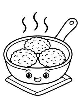 A cute smiling pan with warm potato latkes in a hanukkah coloring page.