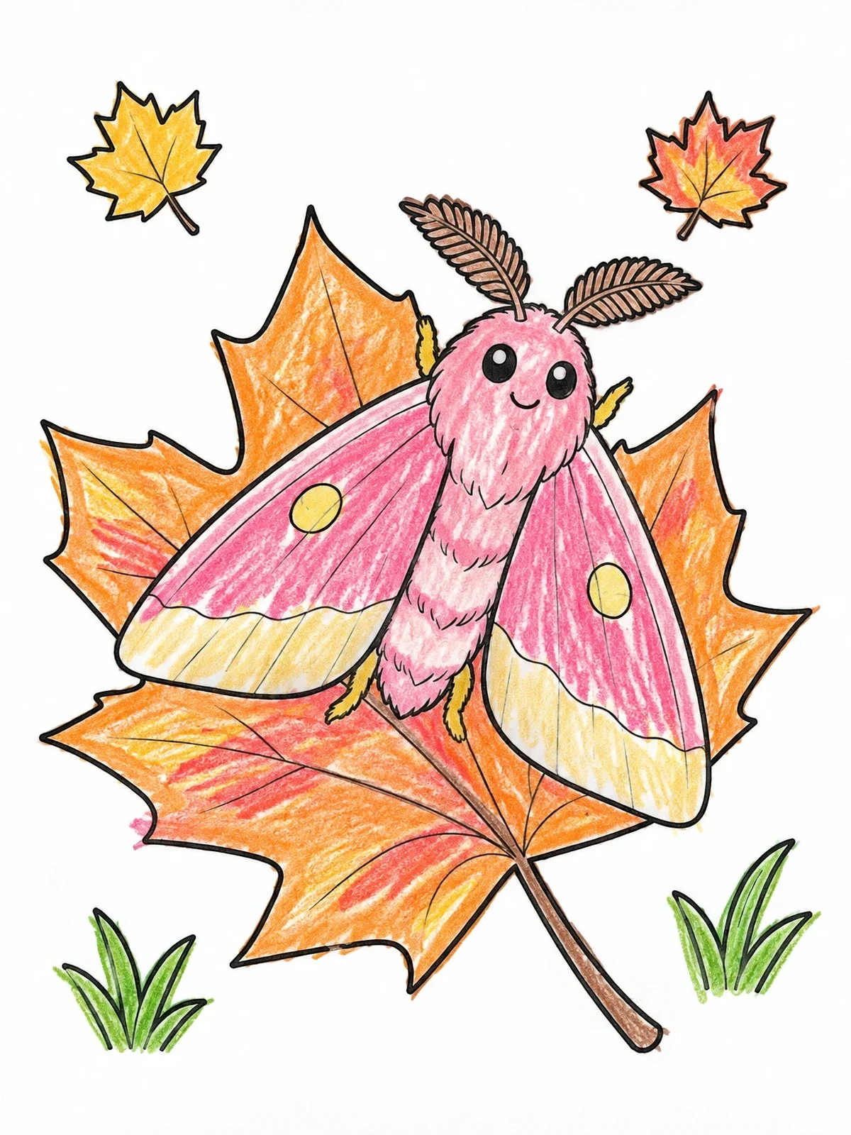 Colored example of the Cute Fuzzy Moth On Leaf coloring page