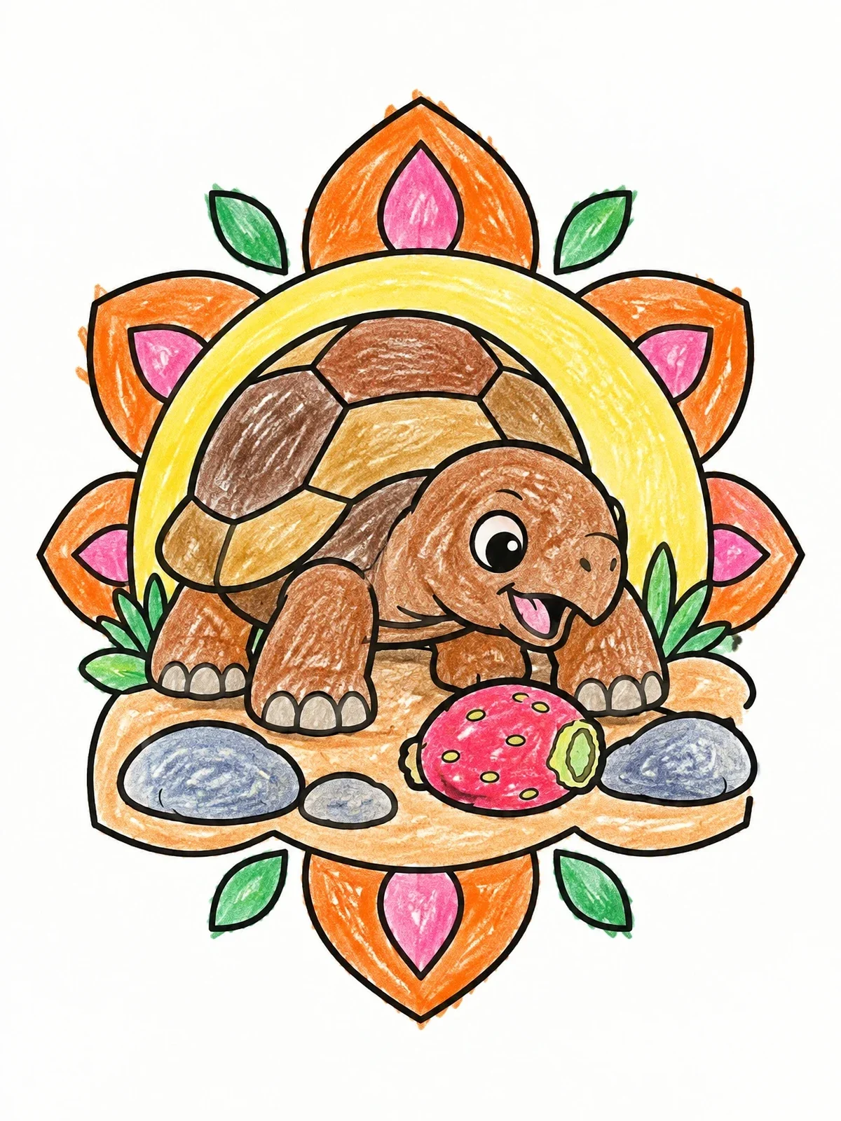 Colored example of the Cute Galapagos Tortoise With Fruit coloring page