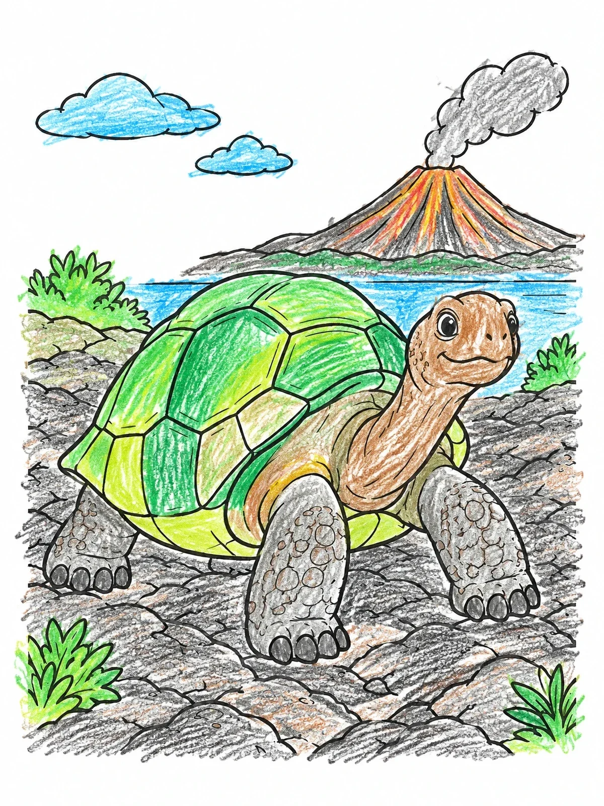 Colored example of the Cute Galapagos Tortoise By A Volcano coloring page