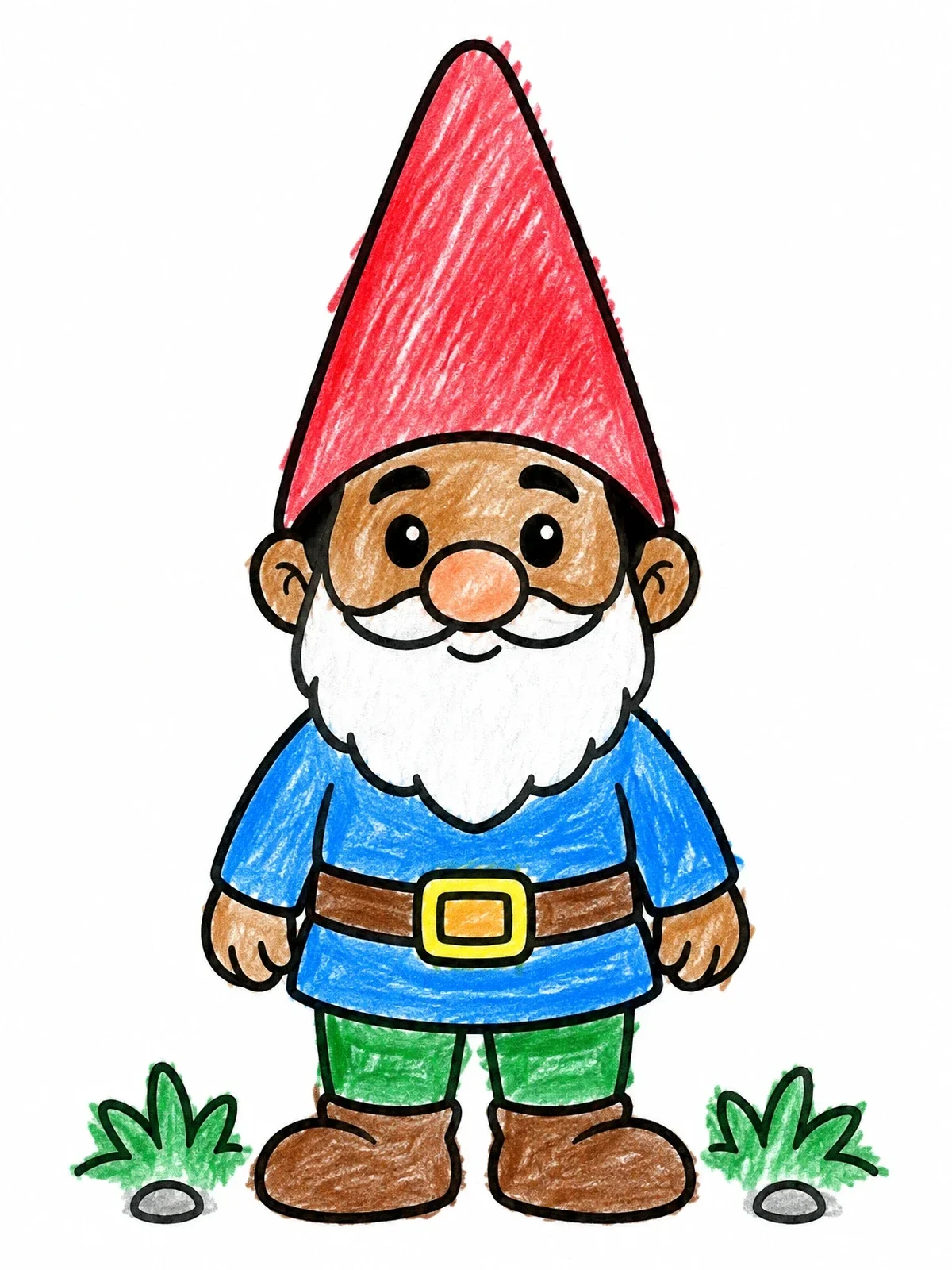 Colored example of the Cute Garden Gnome With Tall Hat coloring page