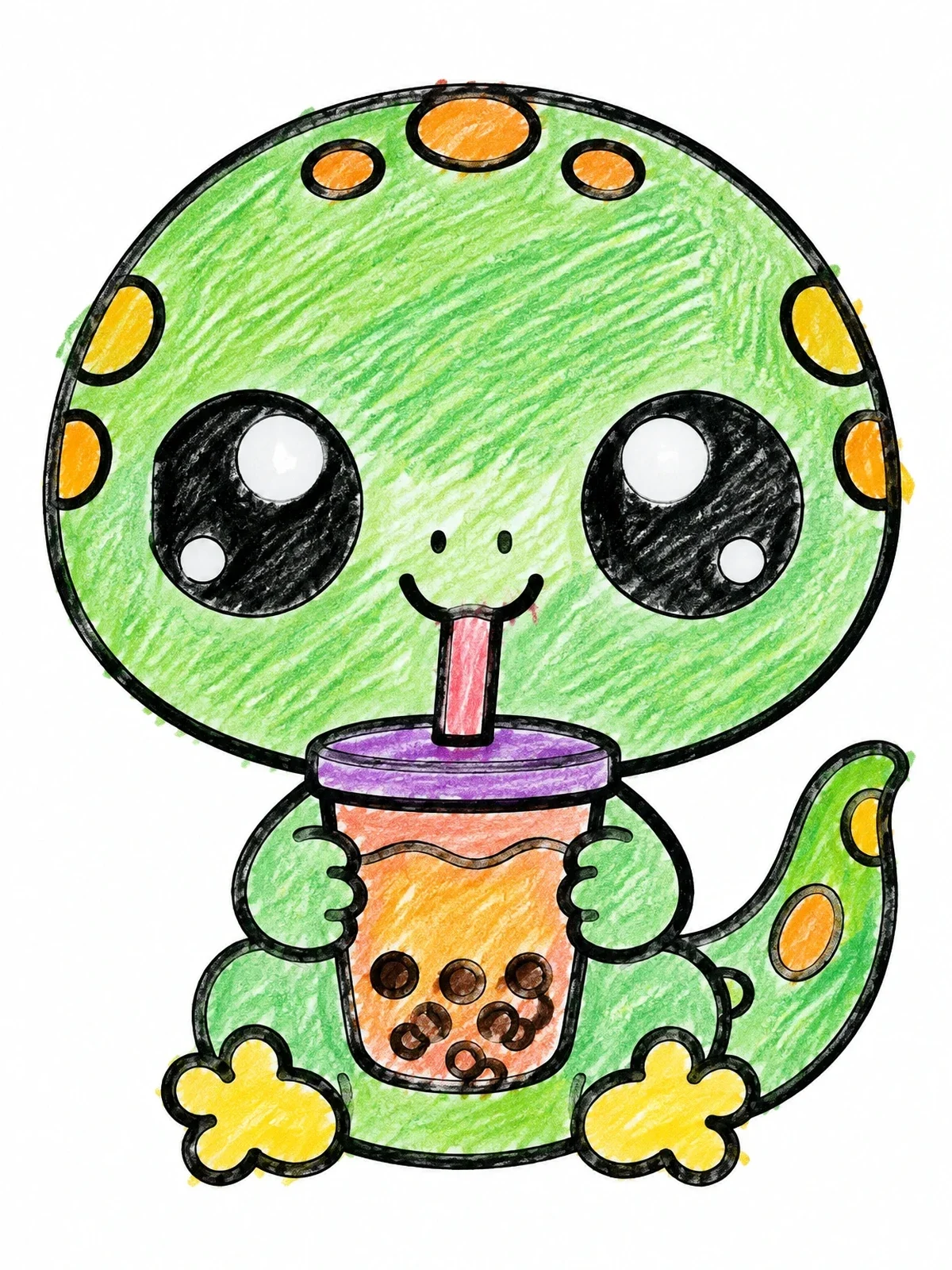 Colored example of the Cute Gecko Drinking Boba Tea coloring page