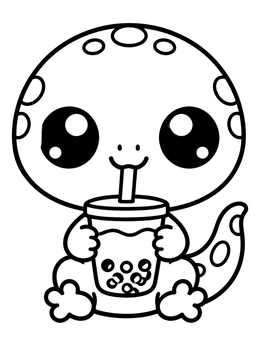 A cute gecko coloring page showing a little lizard drinking bubble tea through a straw.