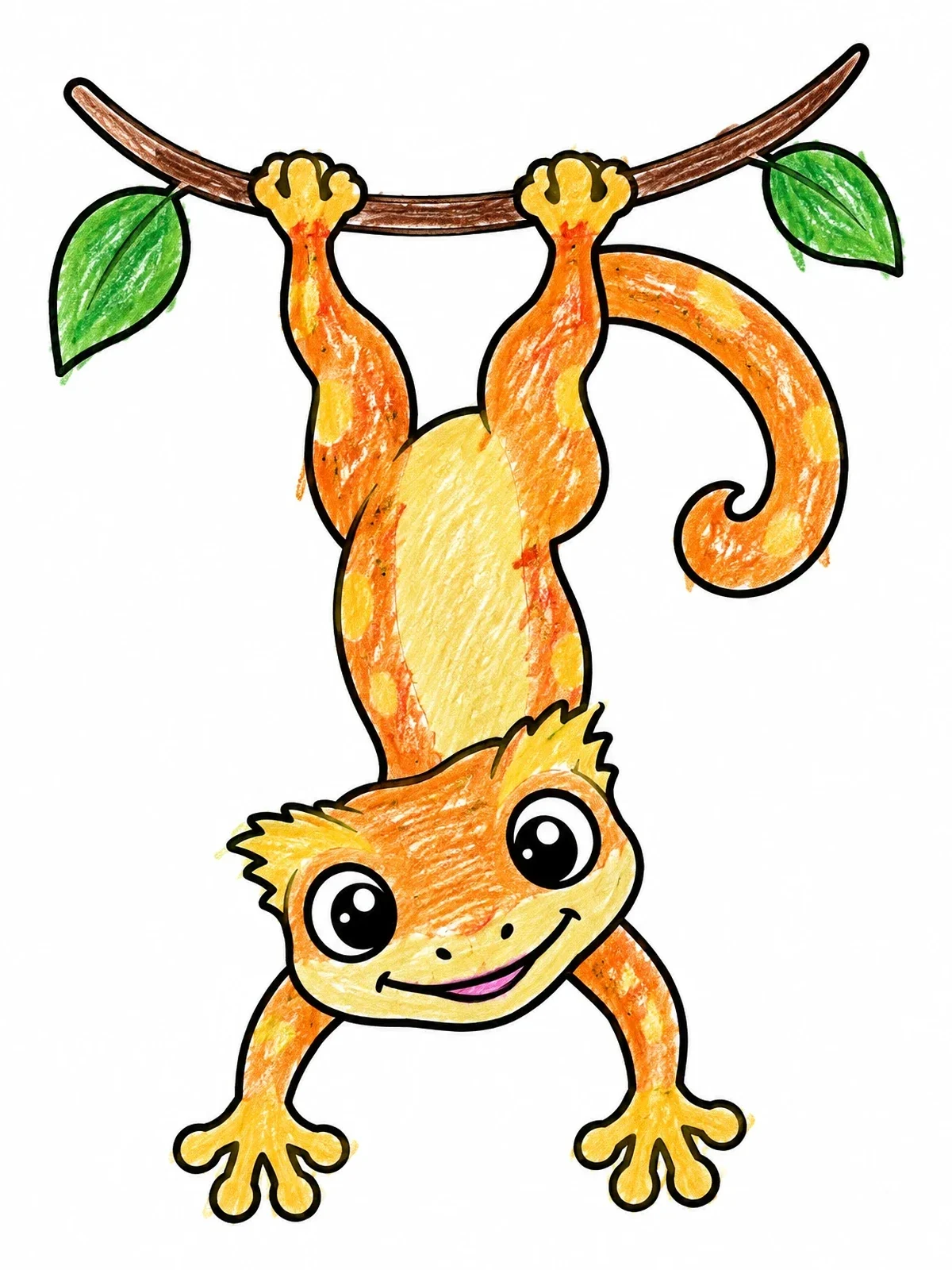 Colored example of the Cute Gecko Hanging Upside Down coloring page