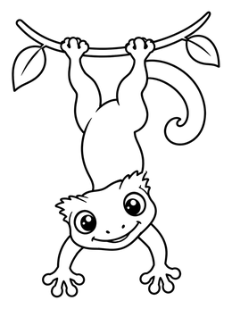A cute crested gecko coloring page showing the lizard hanging upside down from a leafy branch.