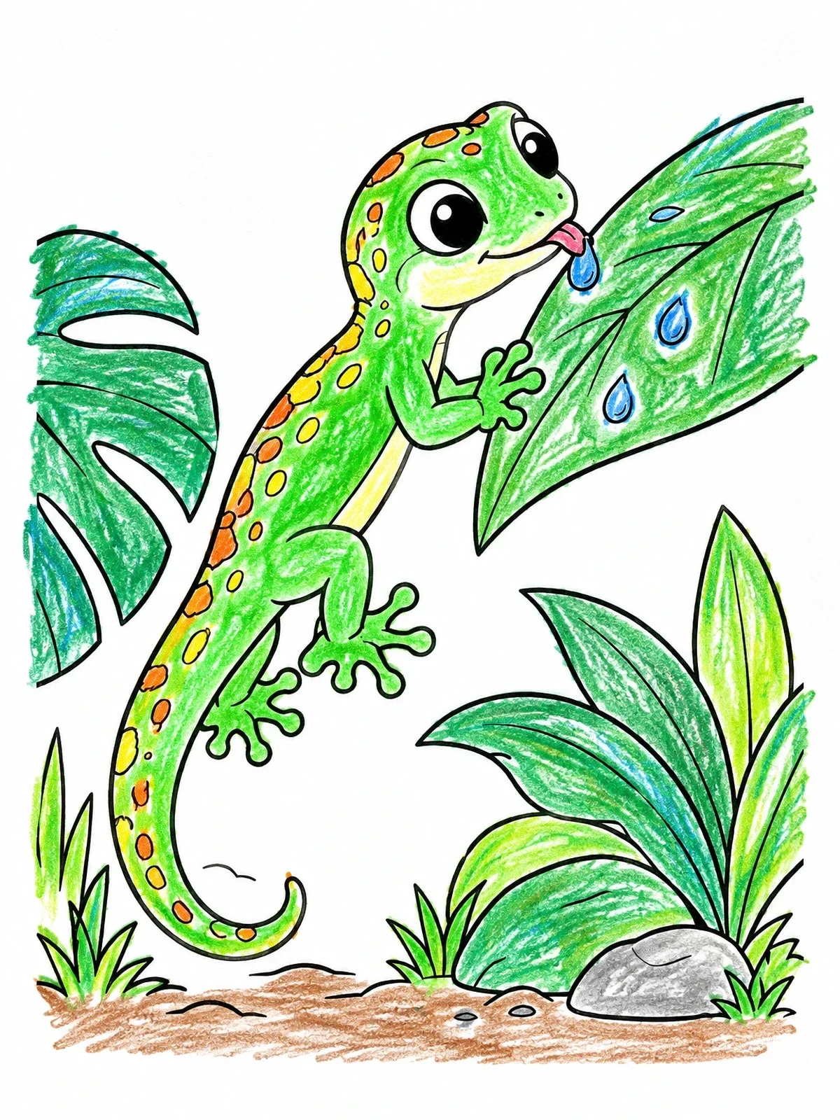 Colored example of the Cute Gecko Licking Dew Droplets coloring page