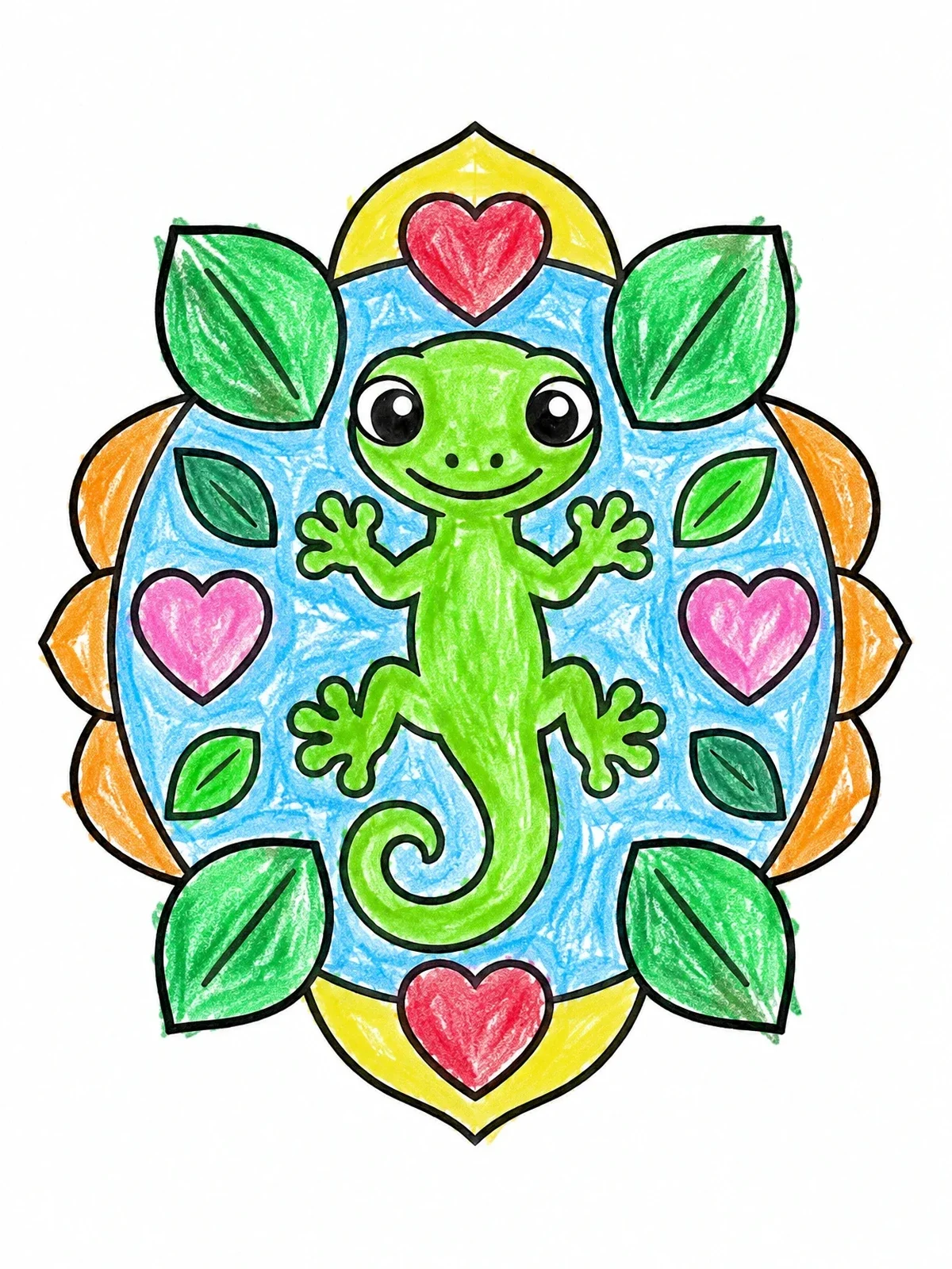 Colored example of the Cute Gecko Mandala With Hearts coloring page