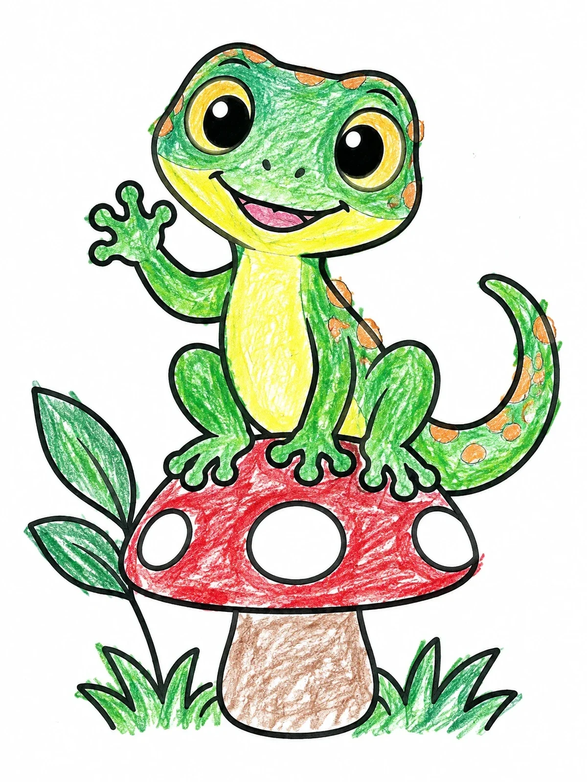 Colored example of the Cute Gecko On A Mushroom coloring page