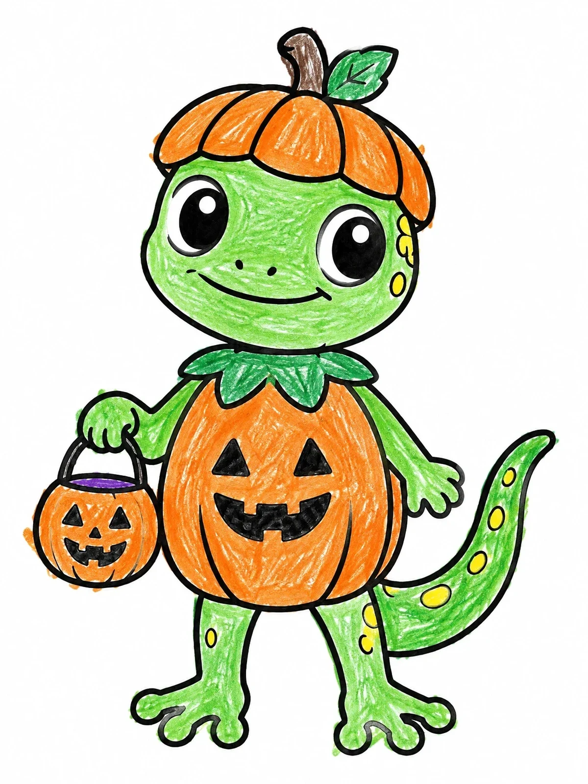 Colored example of the Cute Gecko In Pumpkin Costume coloring page