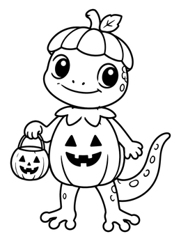 A cute gecko coloring page showing a little lizard dressed as a jack-o-lantern for Halloween.