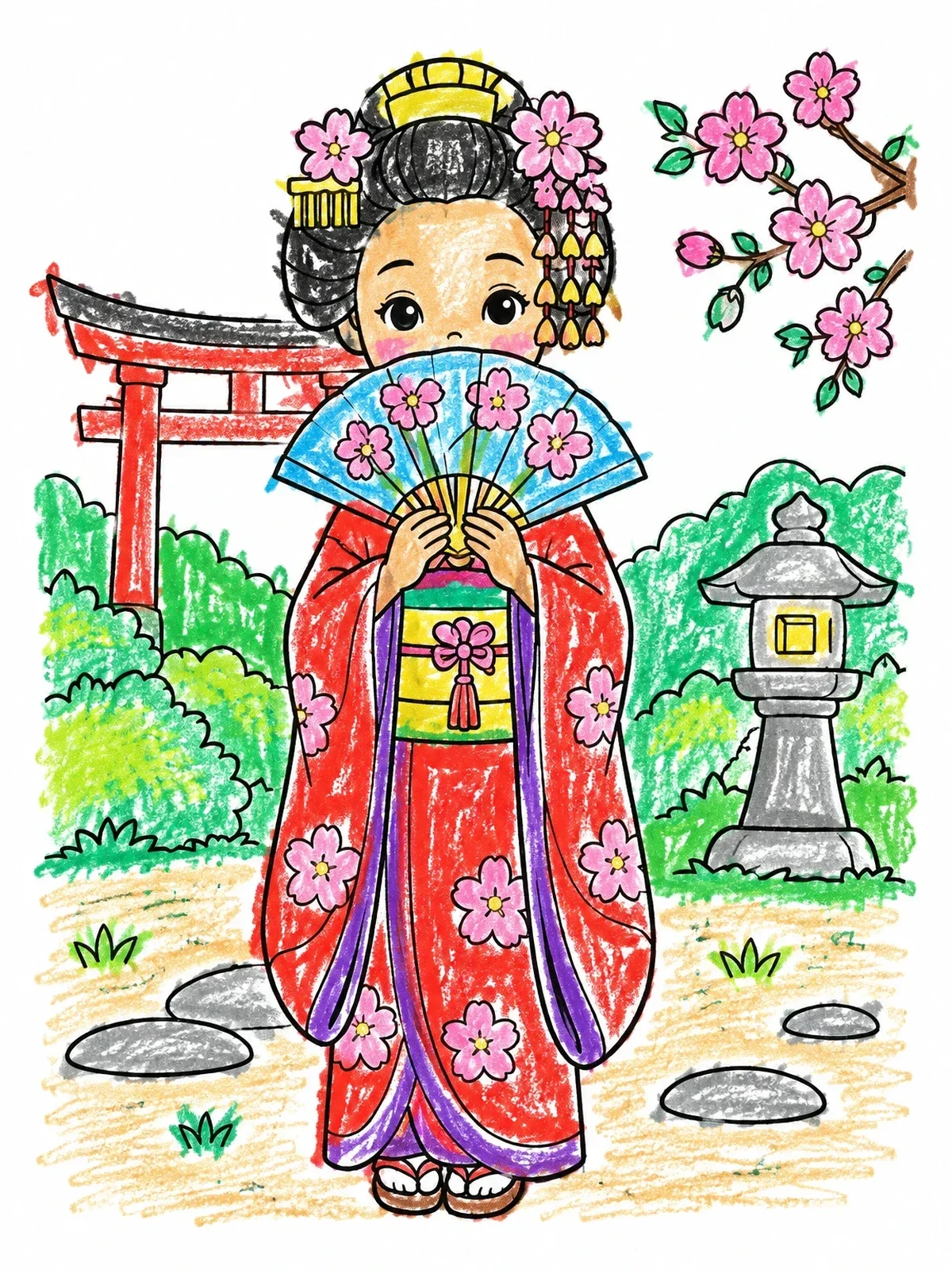 Colored example of the Cute Geisha With Japanese Fan coloring page