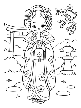 Free printable Cute Geisha With Japanese Fan coloring page