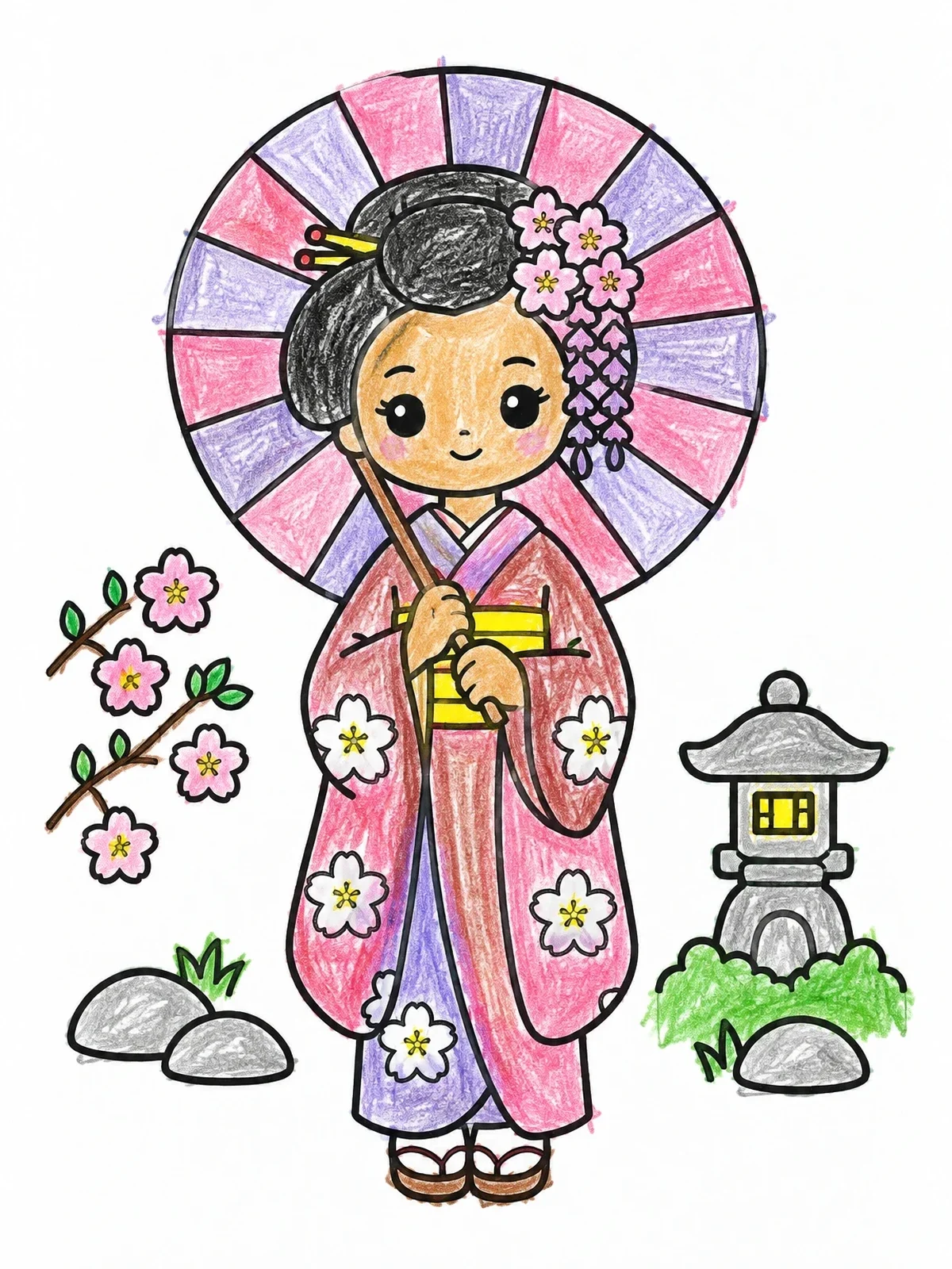 Colored example of the Cute Geisha With Parasol And Lantern coloring page