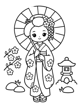 Free printable Cute Geisha With Parasol And Lantern coloring page