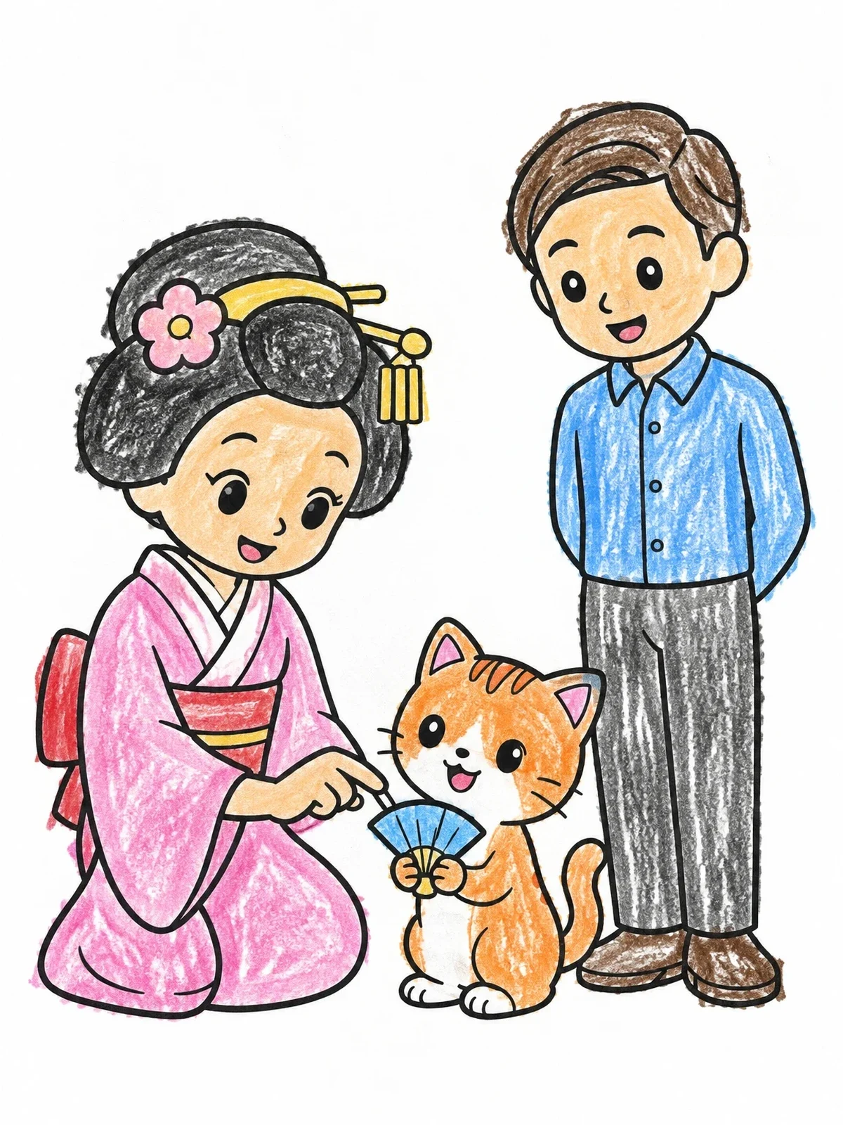 Colored example of the Friendly Geisha Teaching A Cute Cat coloring page