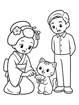Free printable Friendly Geisha Teaching A Cute Cat coloring page
