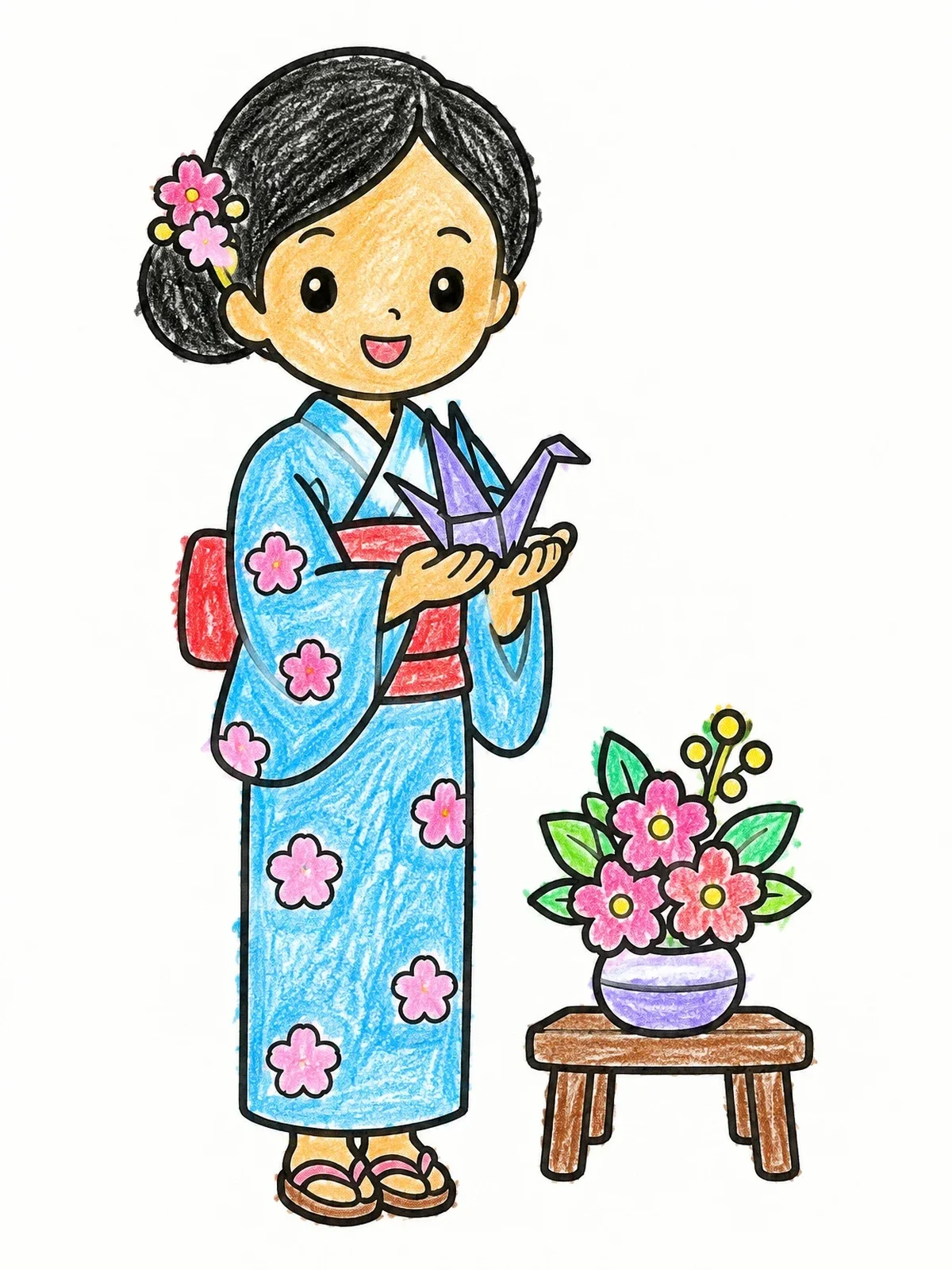 Colored example of the Cute Geisha With Origami Crane coloring page
